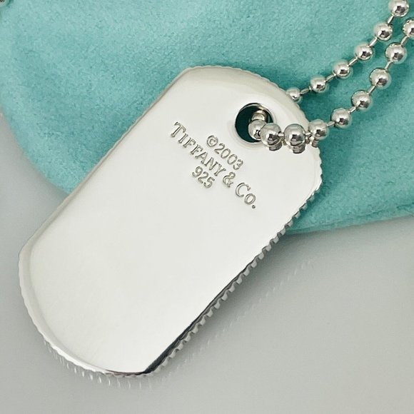 Tiffany & Co Mens Coin Edge ID Dog Tag Bead Chain Necklace